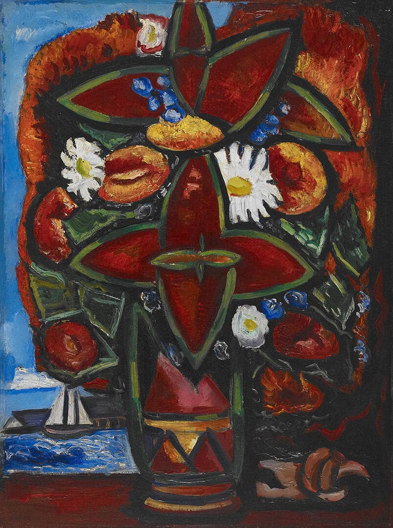 Red Flowers and Sailboat