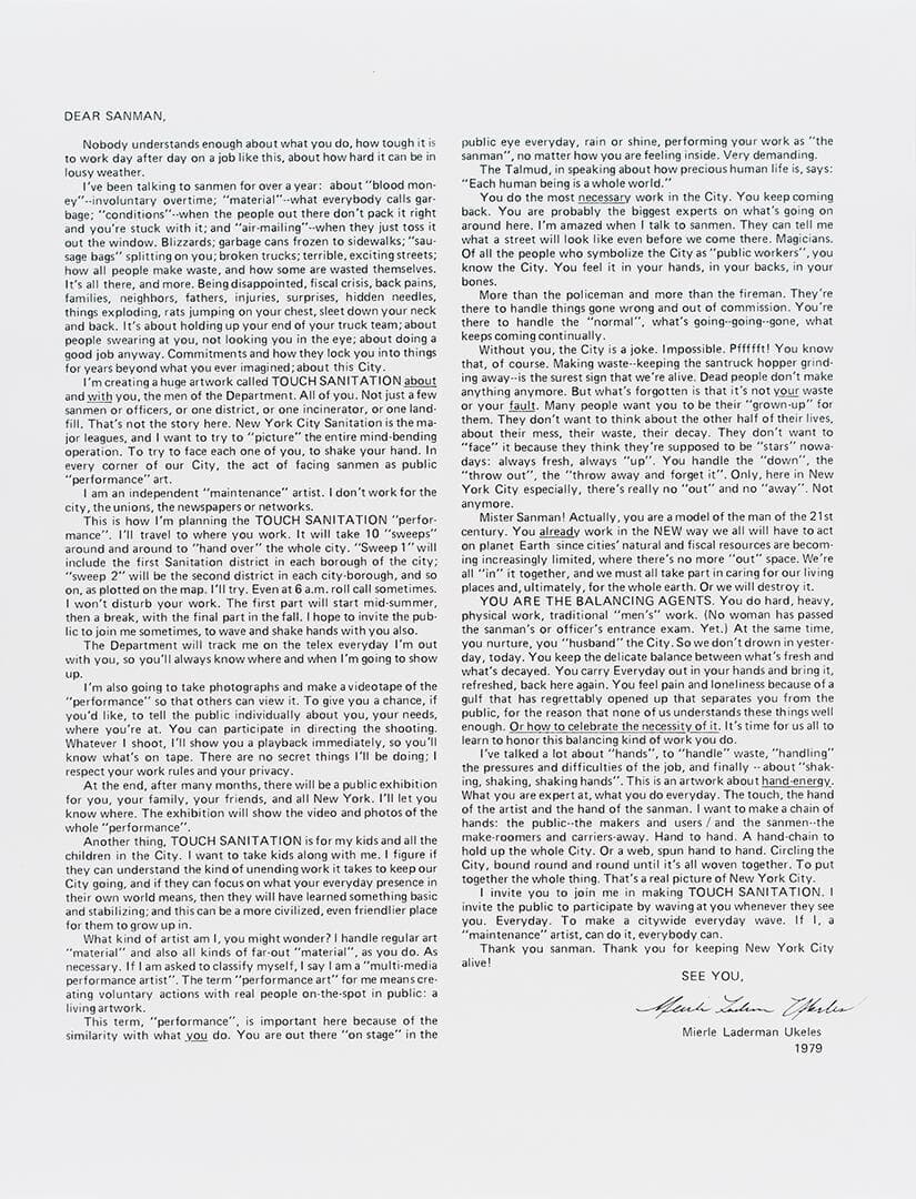 Artist's Letter of Invitation Sent to Every Sanitation Worker with Performance Itinerary for 10 Sweeps in All 59 Districts in New York City