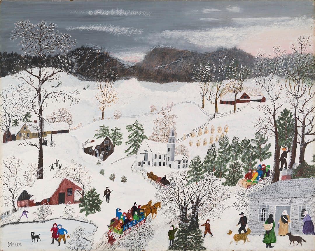 Snow-covered village with people sledding, walking, and socializing near houses and a church.