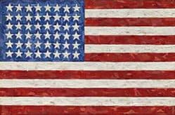 Jasper Johns, Flag, 1983, encaustic on silk flag on canvas, 11 5/8 × 17 1/2 in. (29.5 × 44.5 cm) Framed: 22 1/2 in. × 28 in. × 3 5/8 in. Crystal Bridges Museum of American Art, Bentonville, Arkansas, 2014.27
