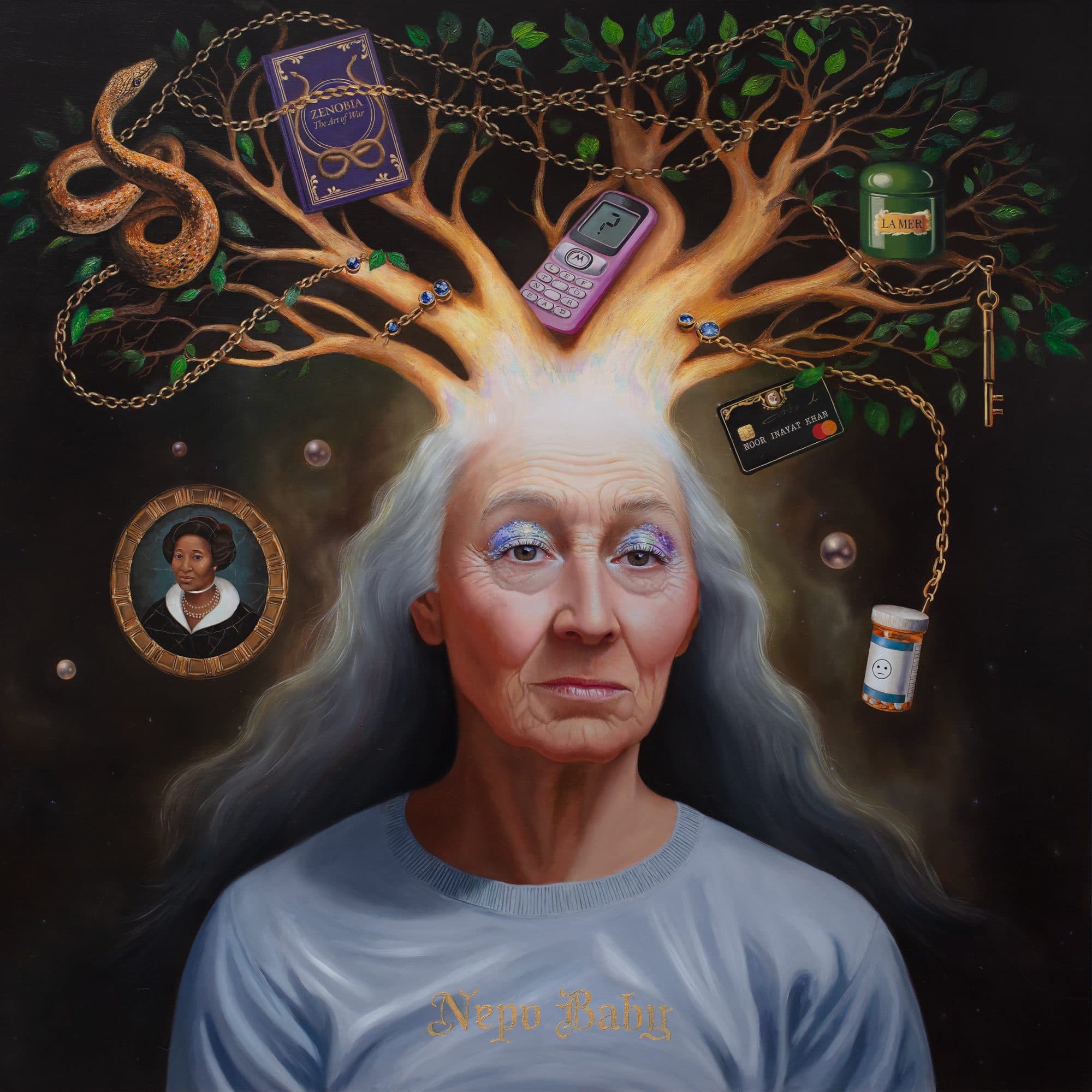 Elderly woman with gray hair merging into tree branches holding various objects on a dark background