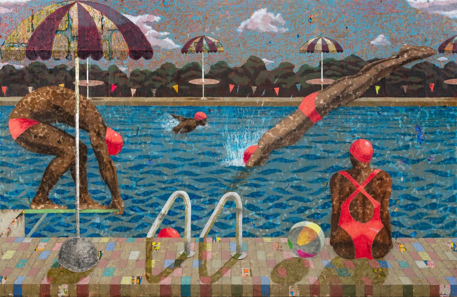 Derek Fordjour, <i>Open Swim</i>, 2021. Acrylic, charcoal, cardboard, oil pastel, and oil on newspaper mounted on canvas. 70 in. x 108 in. Courtesy Rennie Collection, Vancouver. Photo: Daniel Greer, courtesy David Kordansky Gallery.