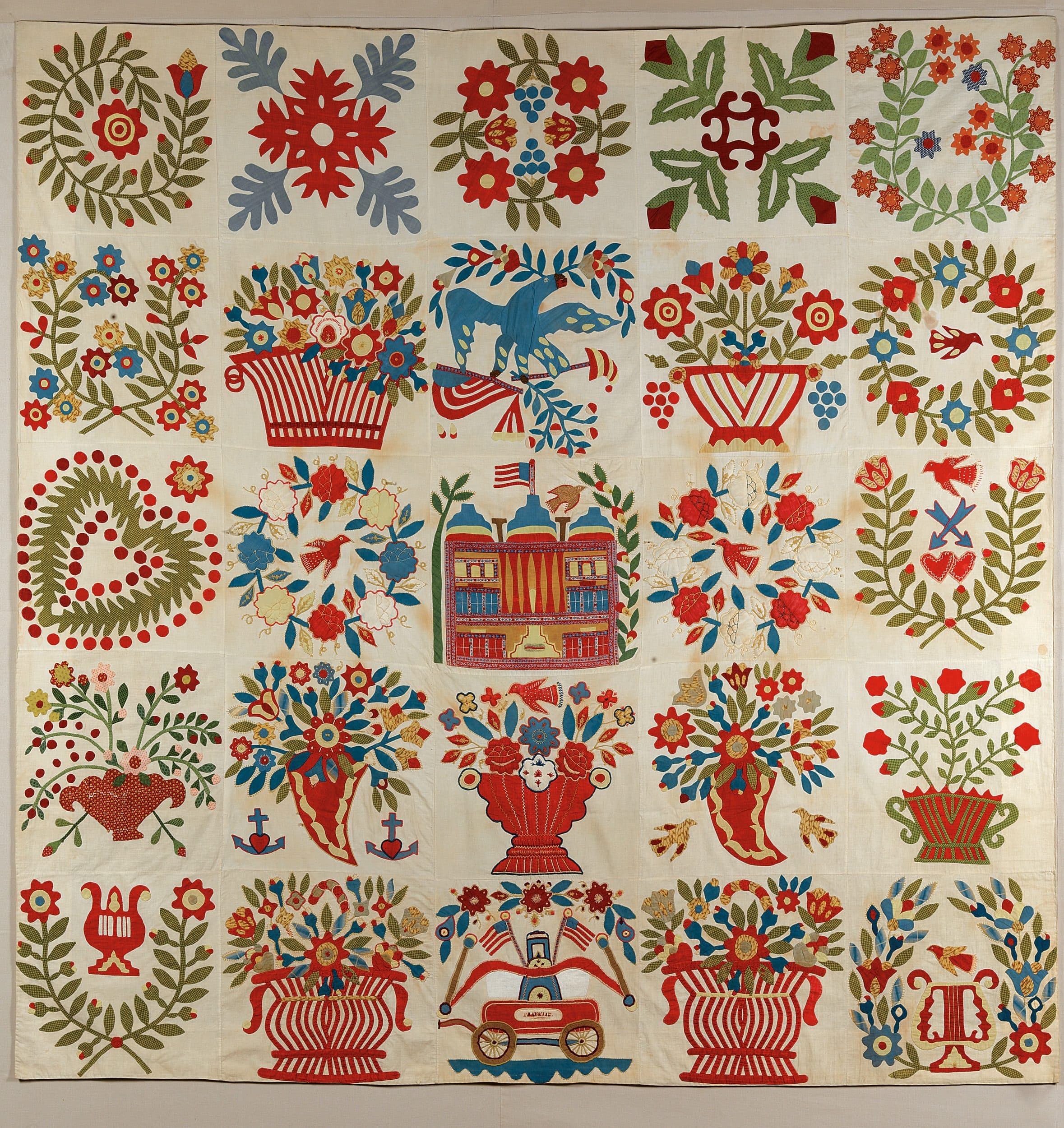 Unknown artist, <i>Baltimore-Style Album Quilt</i>, 1845-1850, cotton with wool embroidery, 84 in. x 82 in. American Folk Art Museum, Gift of Altria Group, Inc., 2008.9.3.