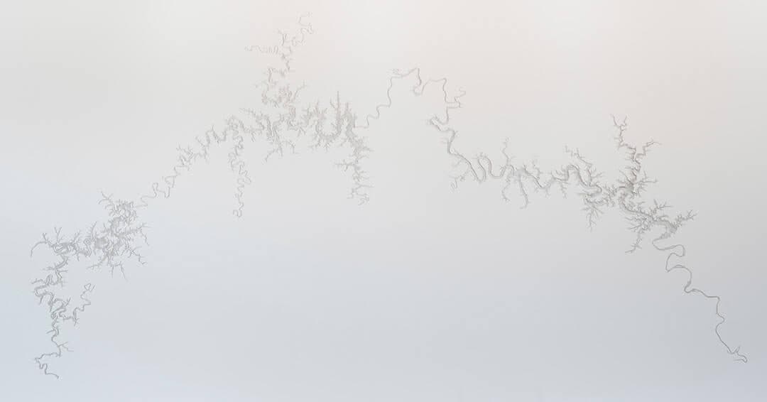 Maya Lin, Silver Upper White River, 2015, recycled silver, 131 in. × 20ft. × 3/8 in. Crystal Bridges Museum of American Art, Bentonville, Arkansas, 2015.14. Photography by Edward C. Robison III.